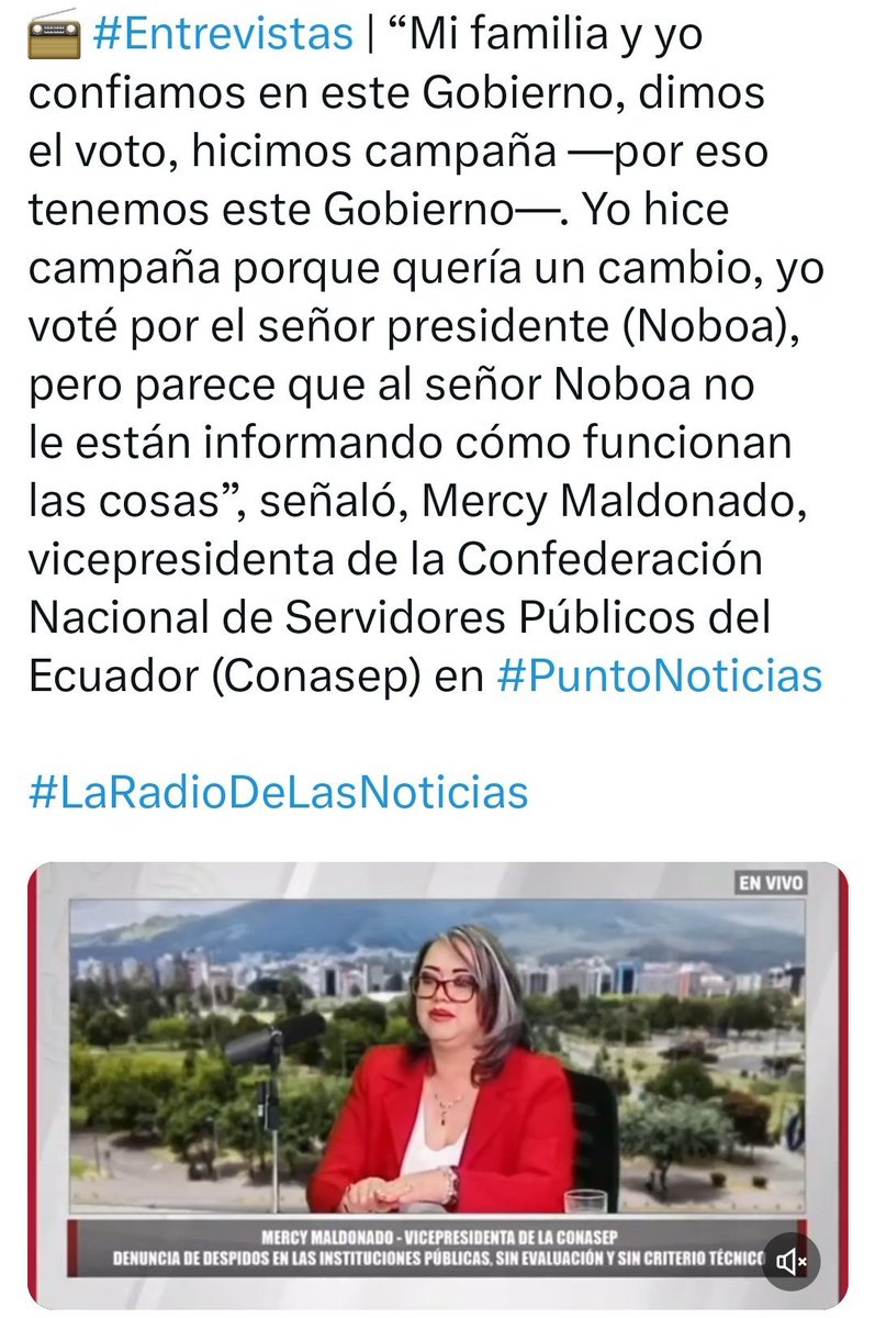 ¡NOBOA EMPIEZA LA VENGANZA DE QUIENES LE HACEN FRENTE!
Mercy Maldonado, vicepresidenta de la Confederación Nacional de Servidores Públicos del Ecuador, ha sido desvinculada pese a contar con nombramiento definitivo.