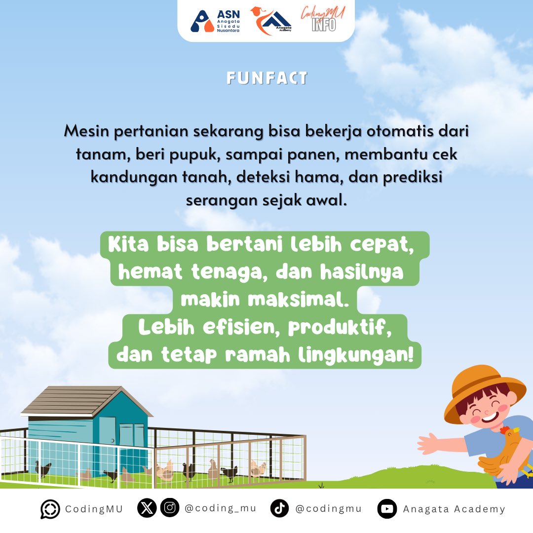 coding_mu's tweet image. Petani sekarang nggak cuma bawa cangkul, tapi juga bawa AI! 🥬🤖 

Iya serius! AI bisa bantu petani cek kesehatan tanaman, prediksi cuaca, bahkan semprot pupuk pakai drone 🌱

#CodingMU #AnagataAcademy #ASN #trivia #fun #fact #coding #ai #teknologi #pertanian #edukasi #belajar