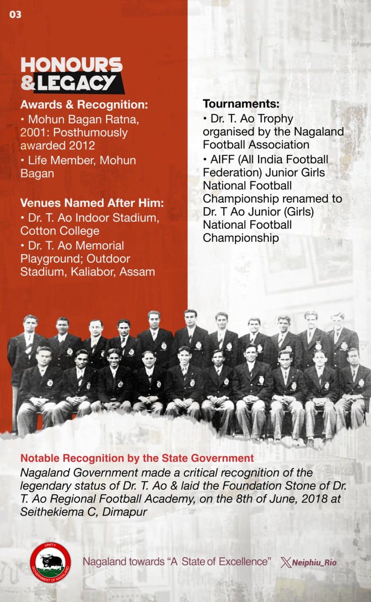 Dr. T. Ao was the 1st Naga Olympian &amp; Captain of Independent India’s football team at the 1948 London Olympics. He famously declined an offer from Arsenal FC, choosing instead to serve his people as a medical doctor. He remains a beloved figure, both as a sportsman &amp; a physician.
