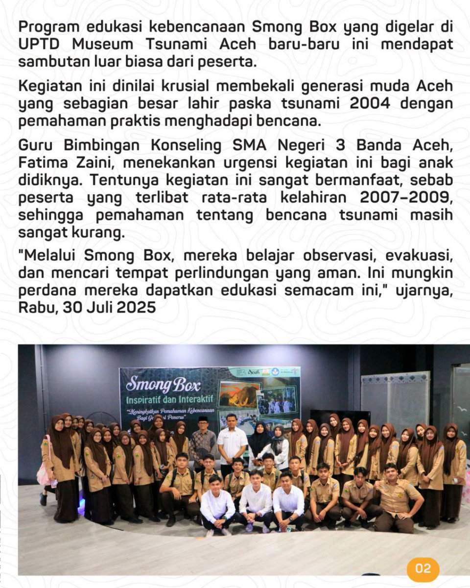 museumtsunamiid's tweet photo. Program edukasi kebencanaan Smong Box yang digelar di UPTD Museum Tsunami Aceh baru-baru ini mendapat sambutan luar biasa dari peserta.

Kegiatan ini dinilai krusial membekali generasi muda Aceh yg sebagian besar lahir paska tsunami 2004 dngn pemahaman praktis menghadapi bencana. https://t.co/VLS6h6OxtG