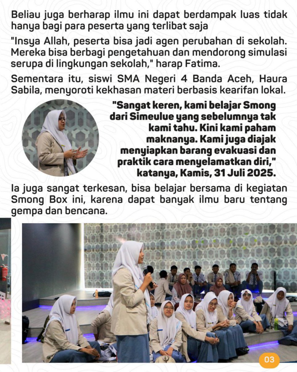 museumtsunamiid's tweet photo. Program edukasi kebencanaan Smong Box yang digelar di UPTD Museum Tsunami Aceh baru-baru ini mendapat sambutan luar biasa dari peserta.

Kegiatan ini dinilai krusial membekali generasi muda Aceh yg sebagian besar lahir paska tsunami 2004 dngn pemahaman praktis menghadapi bencana. https://t.co/VLS6h6OxtG