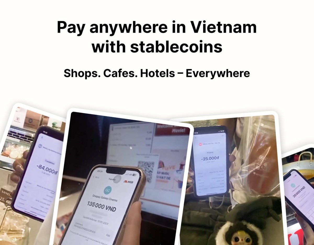 LocalPayAsia's tweet image. Pay everywhere in Vietnam with stablecoins!

1. Top up with stablecoins. 
2. Scan QR. 
3. Pay anywhere.

Save hours on off-ramps and thousands on fees. Perfect for tourists and digital nomads.

Pay at any shop, any hotel, any cafe.

LocalPay is live on iOS and Android. Links 👇