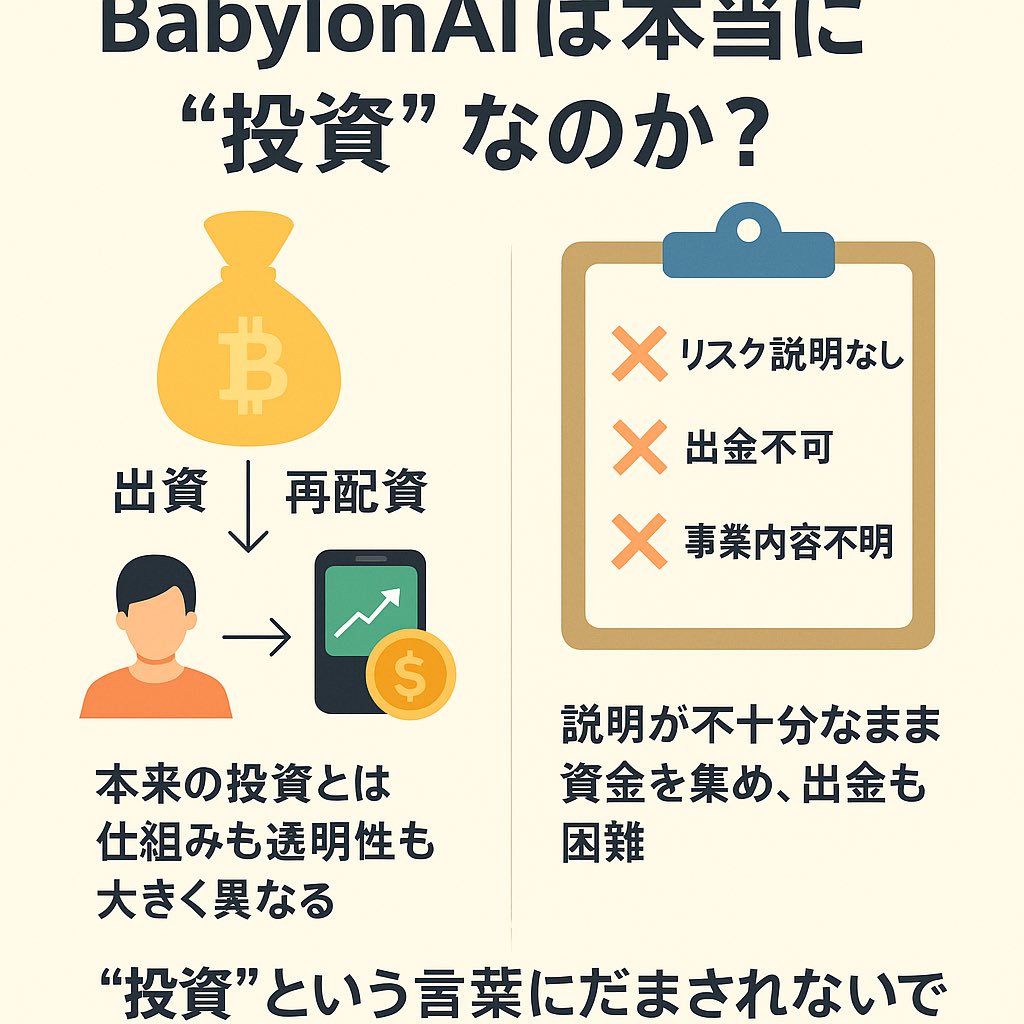 sumire171223's tweet image. 🧵5/10【高配当の罠】
・1日3回の配当（例：朝8時・昼12時・夜8時）
・月利15%、年利200%と説明される
・アプリ上では配当が積み上がって見えるが…

→実態は「新規ユーザーの入金」を使った典型的なポンジスキーム
本当の利益は一切発生していません。
#BabylonAI #投資詐欺 #ポンジスキーム