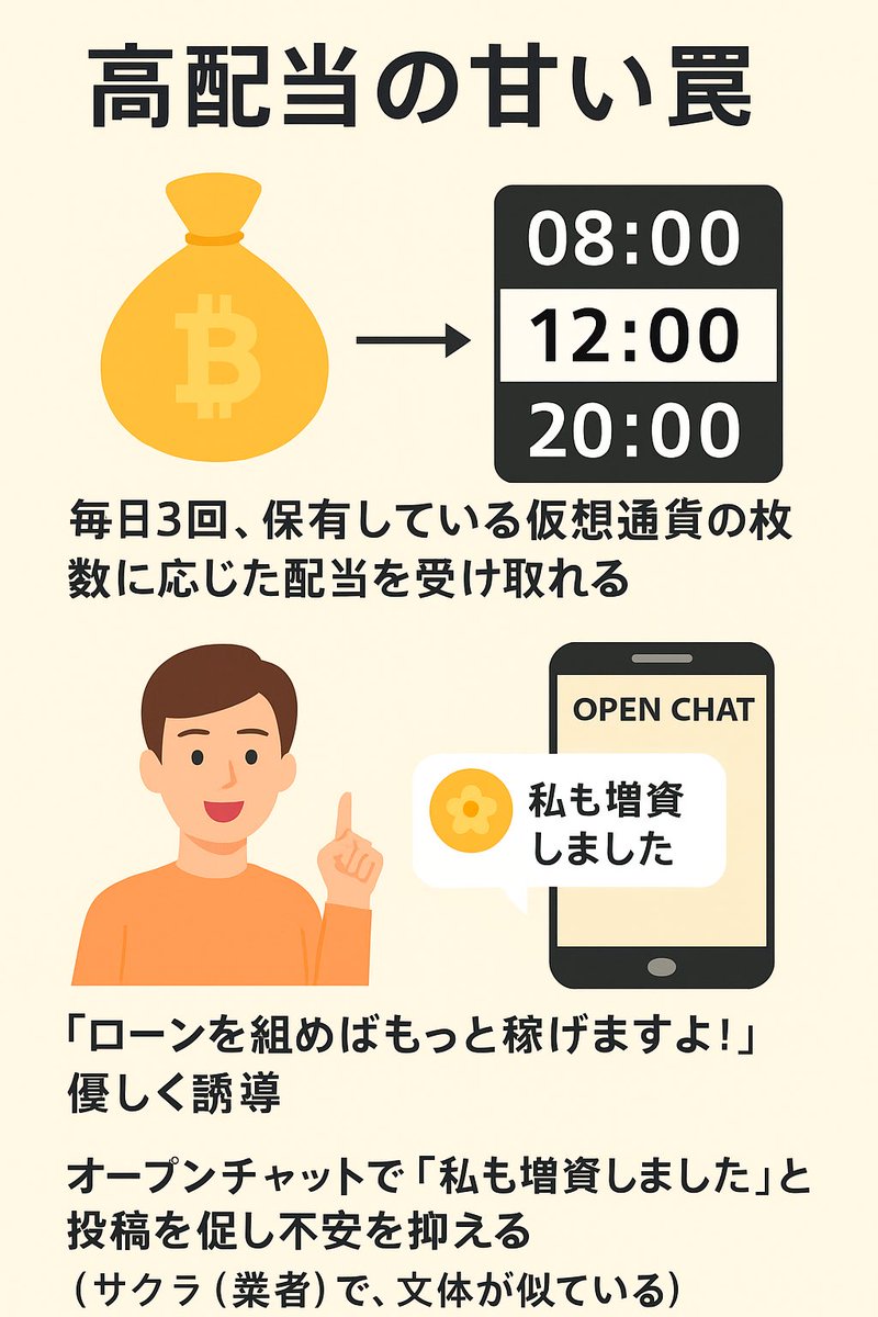 sumire171223's tweet image. 🧵5/10【高配当の罠】
・1日3回の配当（例：朝8時・昼12時・夜8時）
・月利15%、年利200%と説明される
・アプリ上では配当が積み上がって見えるが…

→実態は「新規ユーザーの入金」を使った典型的なポンジスキーム
本当の利益は一切発生していません。
#BabylonAI #投資詐欺 #ポンジスキーム
