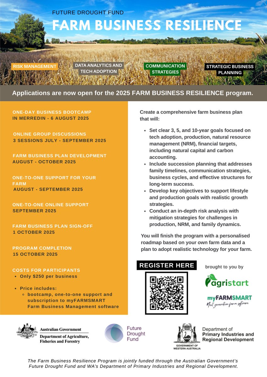 Last chance! Want to future-proof your farm business? You need to act today for #FutureDroughtFund Farm Business Resilience program.

1-day bootcamp in Merredin THIS Wednesday, 1:1 support, practical tools &amp; a thorough farm business plan for minimal cost.
bit.ly/4ofCdvv