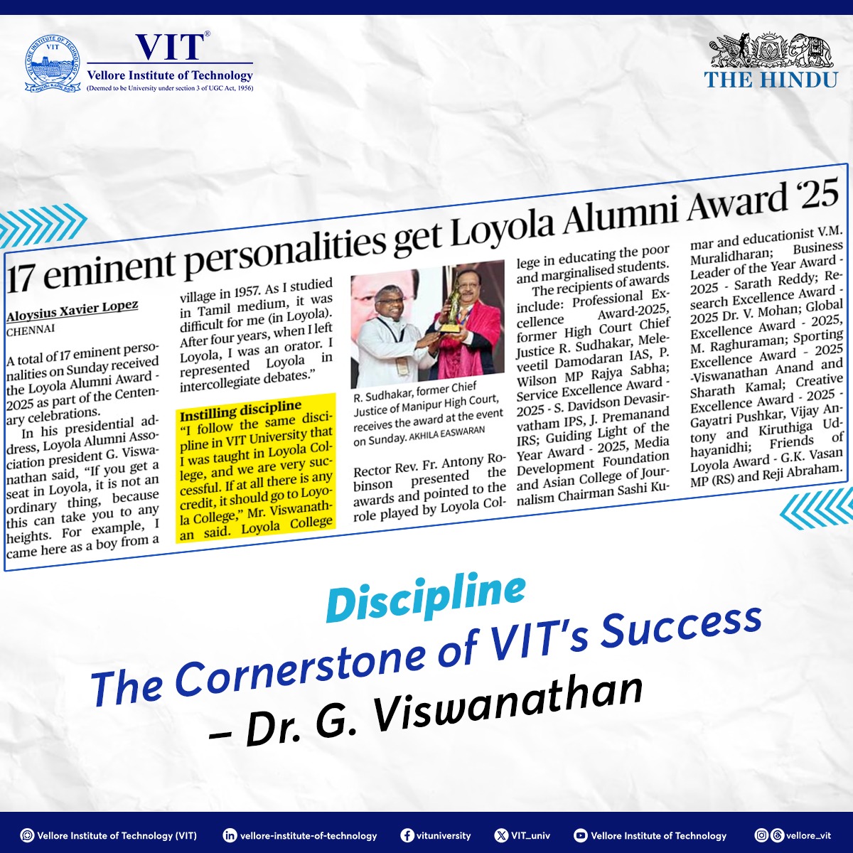 VIT_univ's tweet photo. A truly inspiring message from our Founder & Chancellor, Dr. G Viswanathan!
#VIT #DrGViswanathan #GV #Leadership #Discipline #Education #LoyolaCollege #AlumniSuccess #FoundersMessage #VITCommunity https://t.co/d1y65JytGI