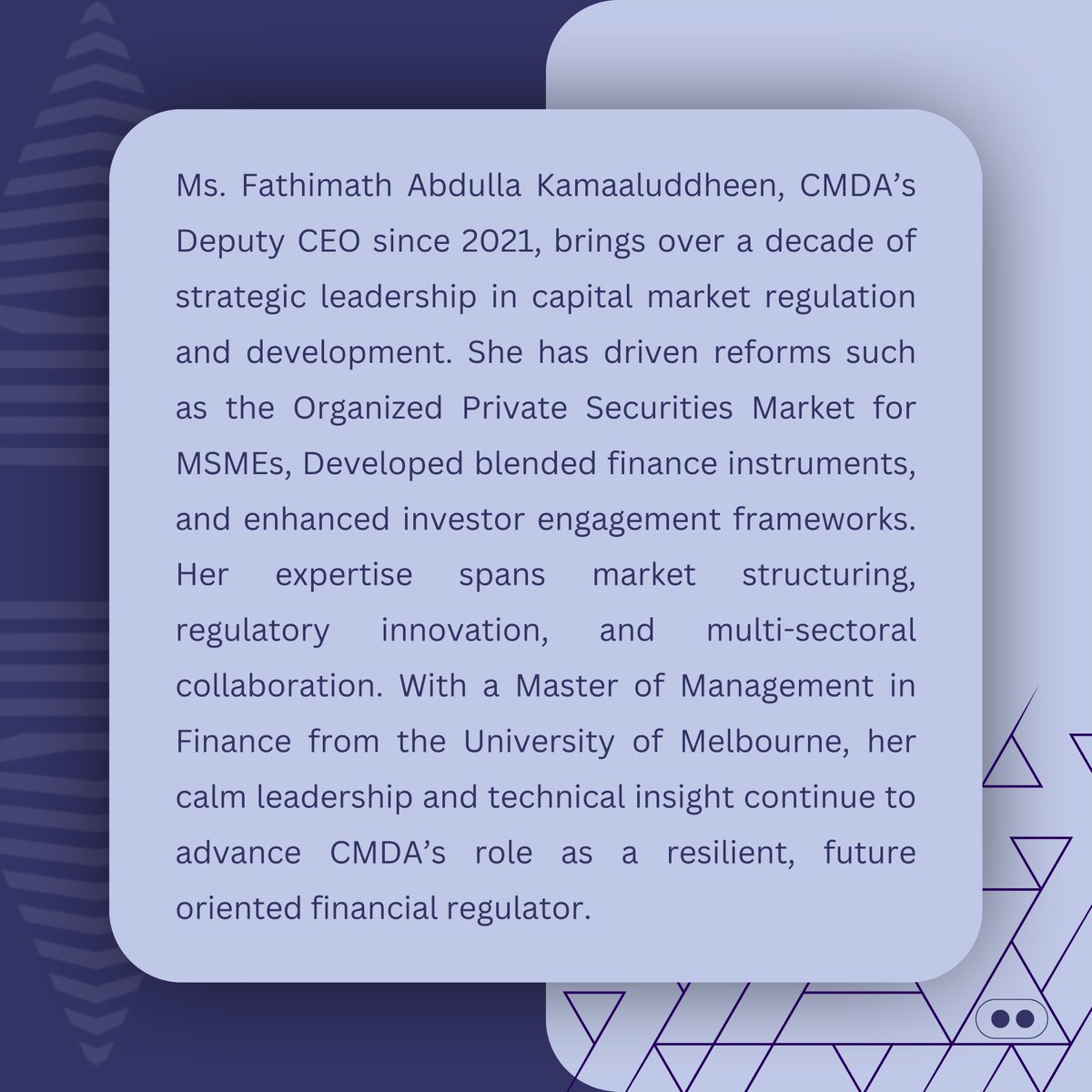CMDA_MV's tweet image. “I believe markets should be inclusive, trusted, and built for long term impact. Every framework we shape must serve people first, not just the system.”
– Fathimath Abdulla Kamaaluddeen -
Deputy Chief Executive Officer