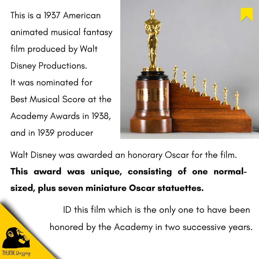 SridharHRS's tweet image. Quiz 1667) A 1937 American animated musical fantasy film was given this interesting award consisting of one normal-sized, plus seven miniature Oscar statuettes. ID the film.

#quiz #quizmaster #oscars #academyawards #waltdisney