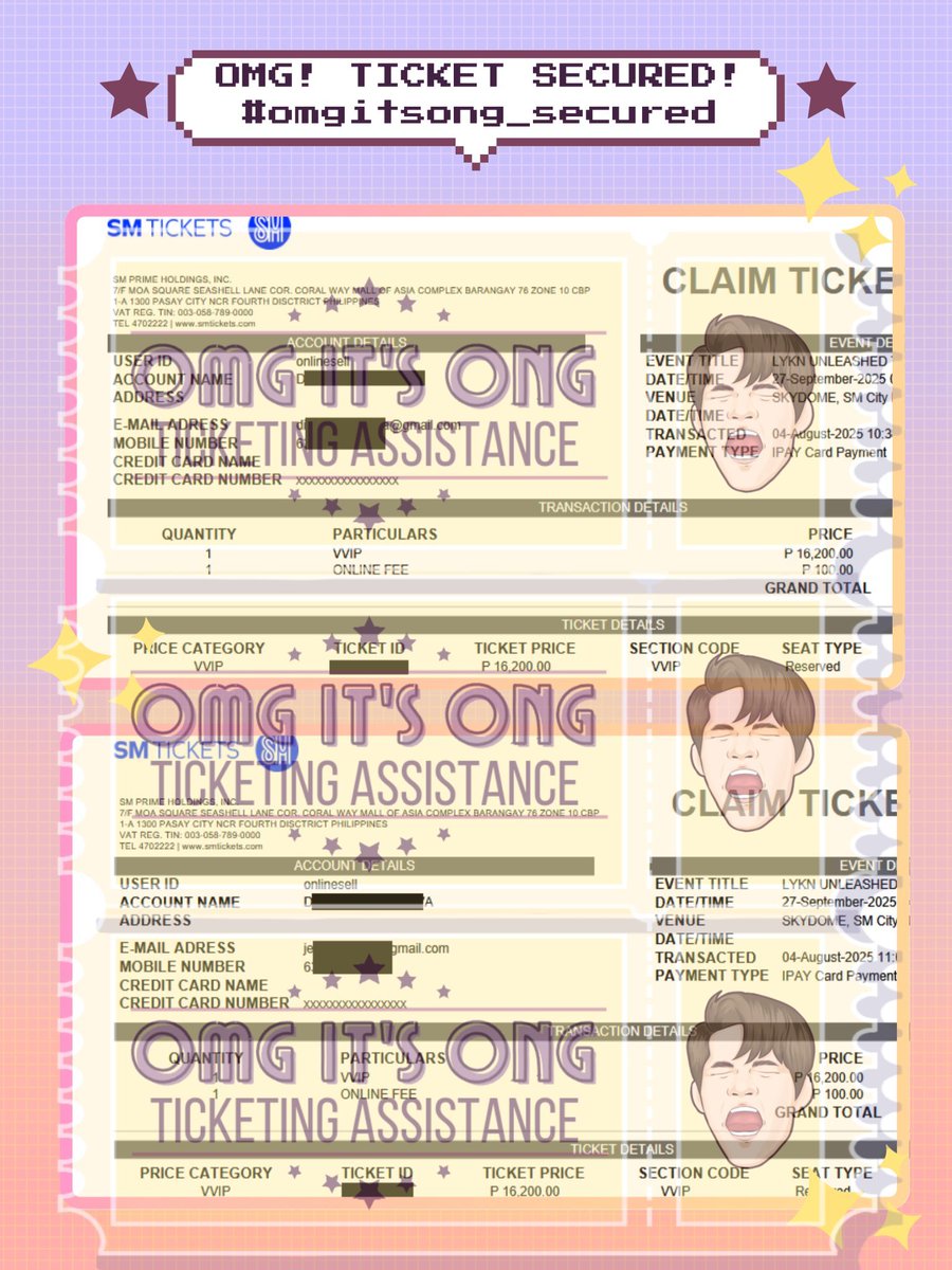 omgitsong_101's tweet photo. #OIO_proofs [ REPOST ]

OMG, Tickets secured for #LYKN UNLEASHED TOUR IN MANILA

✨Ticket secured under client's details!

✅ 2 VVIP
✅ 3 Zone C

❌TICKETS NOT FOR SALE❌

#LYKNTOUR #LYKNUNLEASHEDTOUR #LYKNUNLEASHEDWORLDTOUR #LYKNTOURxMANILA #RISERMUSIC https://t.co/UnX4OuriTs