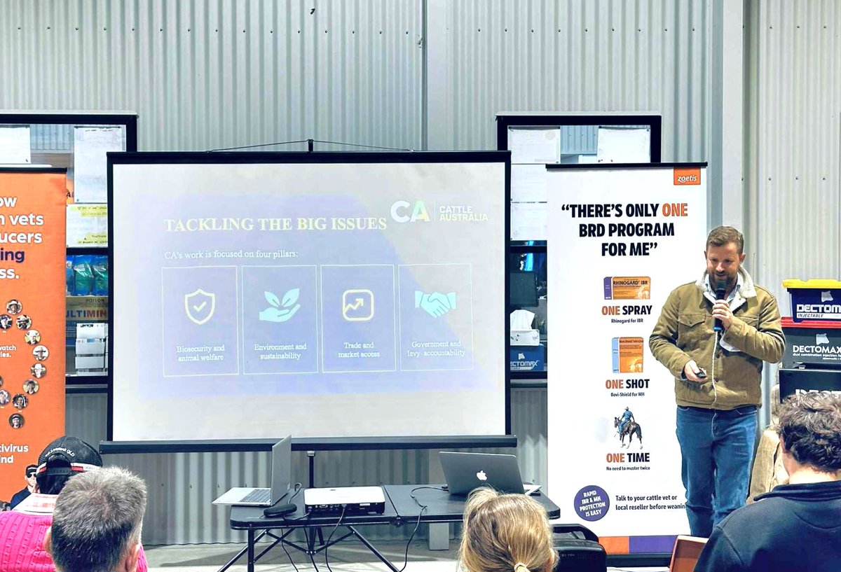 Cattle Australia (@cattleaus) on Twitter photo CA Deputy Chair <a href="/AdamCoffeyNT/">Adam Coffey</a> took to the stage to provide more than 100 producers at VC Rural’s Information session at Gin Gin, Qld, with an update on the review of Red Meat 2030, as well as his own experiences in hosting silvopastural trials on his nearby grazing property. CA Deputy Chair <a href="/AdamCoffeyNT/">Adam Coffey</a> took to the stage to provide more than 100 producers at VC Rural’s Information session at Gin Gin, Qld, with an update on the review of Red Meat 2030, as well as his own experiences in hosting silvopastural trials on his nearby grazing property.