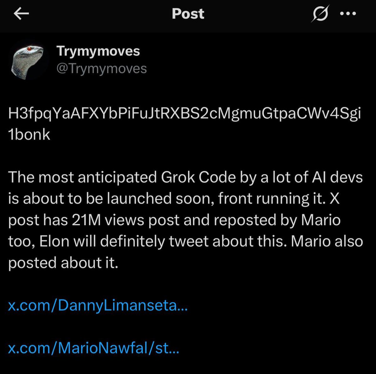 . #grokcode (don’t fomo buy, u can accumulate this)

Mcap 79K

H3fpqYaAFXYbPiFuJtRXBS2cMgmuGtpaCWv4Sgi1bonk

-marcell alt wallet in (top 10 wallet)
-frost, lattuce also in

(i have their wallets) 

Dex: dexscreener.com/solana/E1zkLro…

20M views

Thesis 1: x.com/dannylimanseta…