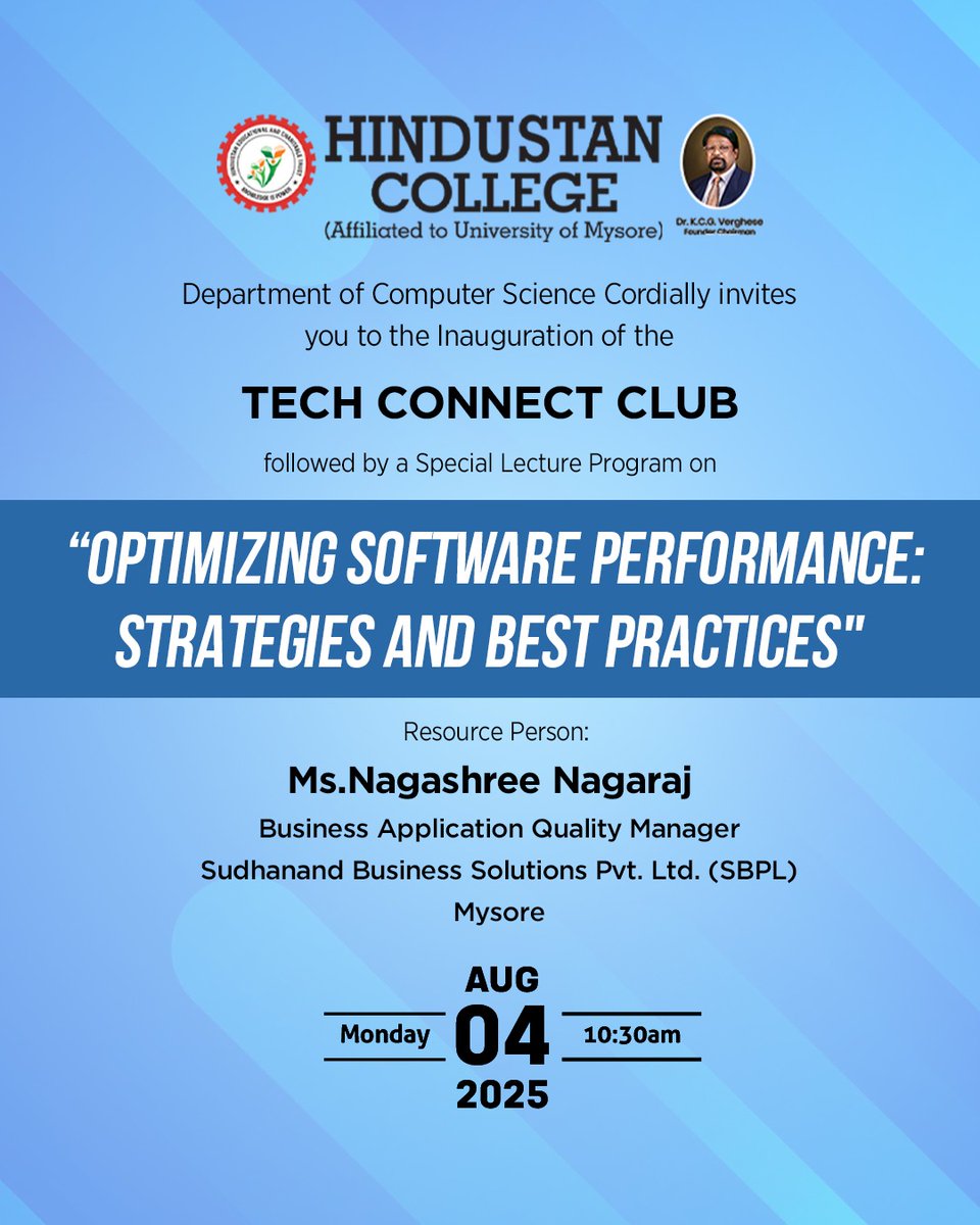hfgcmysore's tweet image. Hindustan College&apos;s Department of Computer Science is thrilled to unveil the TECH CONNECT CLUB — your gateway to innovation, collaboration, and real-world tech insights!

#TechConnect2025 #SoftwarePerformance #HindustanCollegeMysuru #MysoreTechEvents #HindustanCollegeMysore