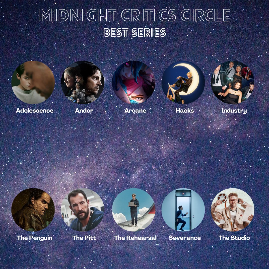 MidnightCriticC's tweet photo. The MCC nominees for Best Series are:

Adolescence @netflix 
Andor @andorofficial 
Arcane @arcaneshow 
Hacks #Hacks
Industry #Industry
The Penguin @HBO 
The Pitt #ThePitt
The Rehearsal
Severance #Severance
The Studio #TheStudio https://t.co/eDGScXNyPo