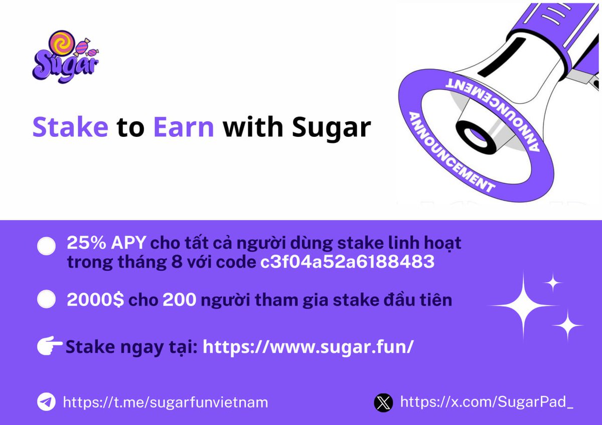 SugarPad_'s tweet photo. 🇻🇳Sugar - Vietnam Community Event🍬
🔥Stake to Earn with Sugar: Nhận 25% APY từ việc staking USDT linh hoạt trong tháng 8!
🔗Stake ngay tại: https://t.co/43DeNDCXDI https://t.co/mFXcgami09