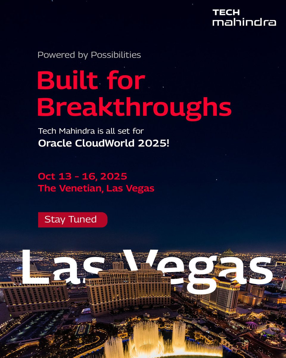 tech_mahindra's tweet photo. Vision, next-gen innovation and impact - @Tech_Mahindra is all in at #OracleCloudWorld 2025!

Catch us from October 13–16 at The Venetian, Las Vegas, as we return as Gold Sponsor, ready to share bold ideas that spark enterprise breakthroughs.

Meet our leadership, explore transformative solutions, and visit our booth for insights, stories, and the future - unfolding in real time.

Know More: https://t.co/u0ea36OUdj

#ScaleAtSpeed #OCW25 #TechMahindra #CloudTransformation #EnterpriseAI #GenAI #AI #Cloud