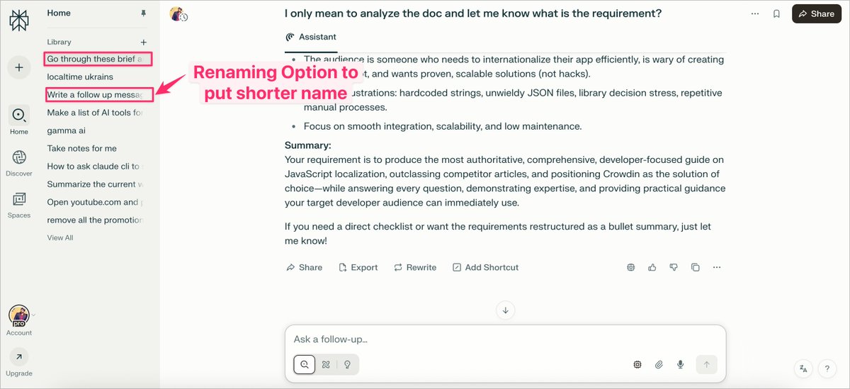 mysanjeevsingh's tweet photo. @perplexity_ai One option that I feel missing is renaming option to put shorter names and the name that user wanted if not then then name that appears right now would be the default option. https://t.co/vxNWIccQZc