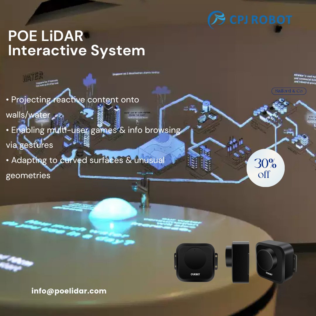 CPJROBOT's tweet image. Why POE LiDAR is revolutionizing interactive installations:
Traditional LiDAR systems require:
• Separate power cables
• Complex wiring setups
• Limited placement flexibility
#LiDARtech #InteractiveDesign #SmartSpaces #TechInnovation #CPJROBOT