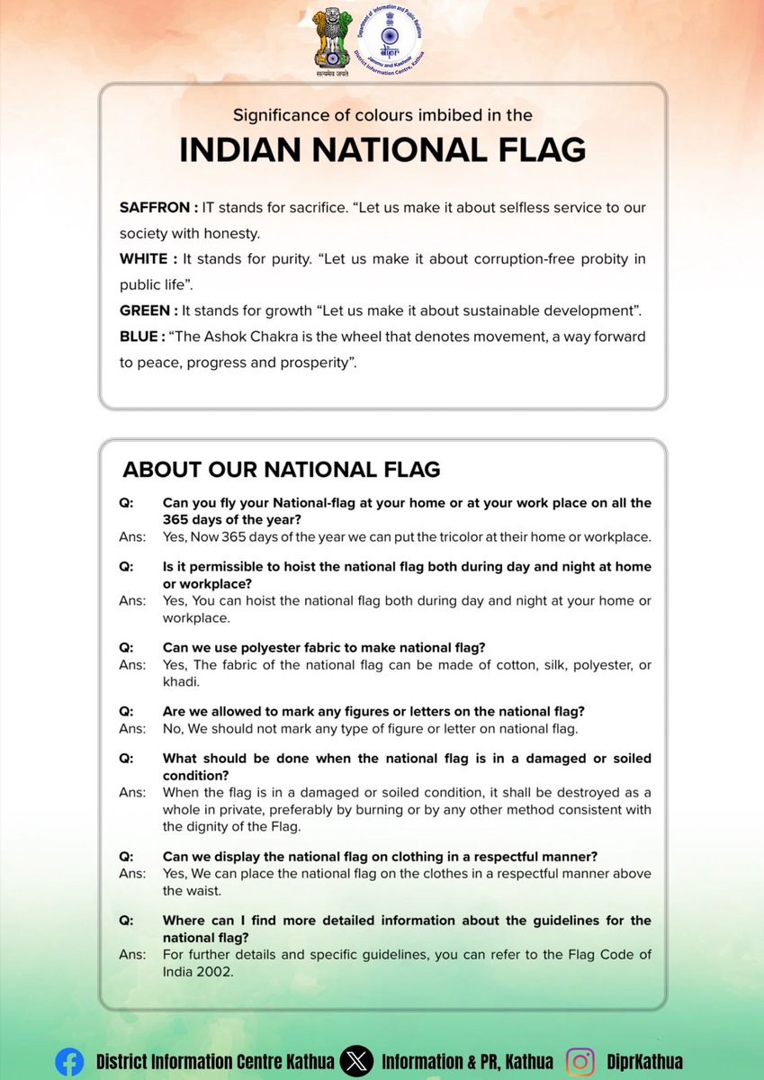 DiprKathua's tweet image. 🇮🇳 Know your Tiranga, Respect your Tiranga — Understand the colours, follow the code, and get your facts right with our Q&amp;amp;A on the National Flag.
#HarGharTiranga #FlagCode #KnowYourTiranga #AmritMahotsav

@diprjk @Minhas1Rakesh @NitishRajora_