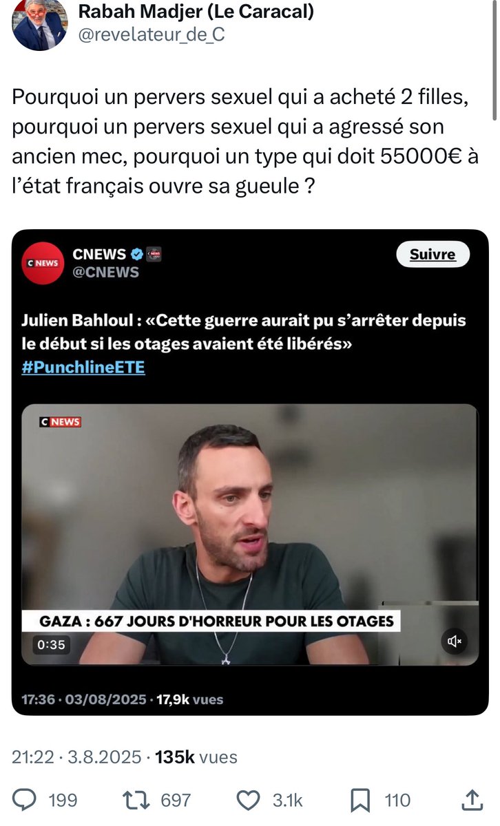 3100 likes pour un tweet homophobe, mensonger, diffamatoire, sans la moindre once de vérité de près ou de loin. 

Voilà le prix à payer pour oser parler en tant qu'Israélien, en tant que juif. 

Ils peuvent continuer de salir, de menacer, je ne me tairai pas.
