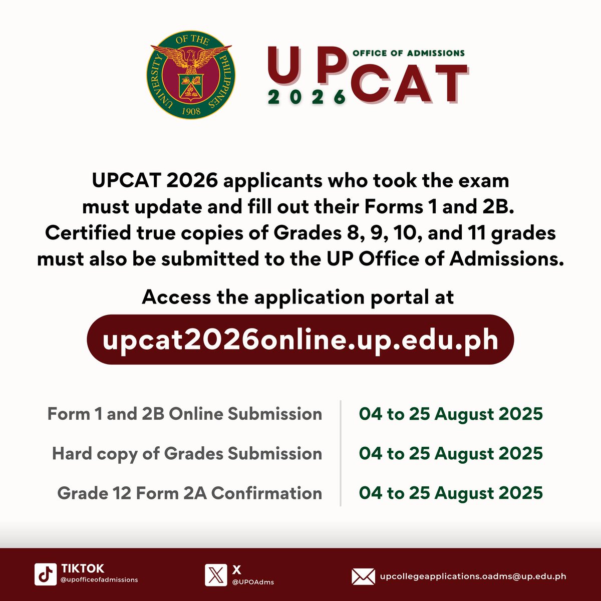 University of the Philippines (@upsystem) on Twitter photo The <a href="/UPOAdms/">UPCAT - UP Office of Admissions</a> reminds #UPCAT2026 applicants to update and accomplish Forms 1 and 2B via the application portal. Other requirements for application must also be submitted to their office.
Please read the full announcement here: web.facebook.com/UPSystemOffice… The <a href="/UPOAdms/">UPCAT - UP Office of Admissions</a> reminds #UPCAT2026 applicants to update and accomplish Forms 1 and 2B via the application portal. Other requirements for application must also be submitted to their office.
Please read the full announcement here: web.facebook.com/UPSystemOffice…