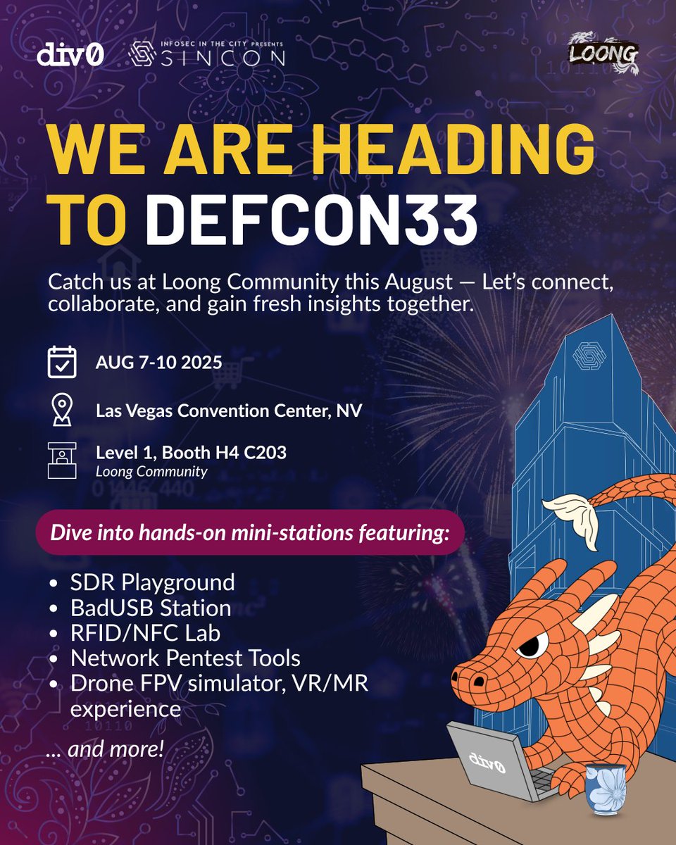 Catch Div0 and SINCON at DEF CON 33! 🇸🇬🐉

We’ll be at the Loong Community – Level 1, Booth H4 C203.
📍 Las Vegas Convention Center
📅 Aug 7–10, 2025
Let’s connect and explore cybersecurity together!

#Div0 #SINCON #DEFCON33