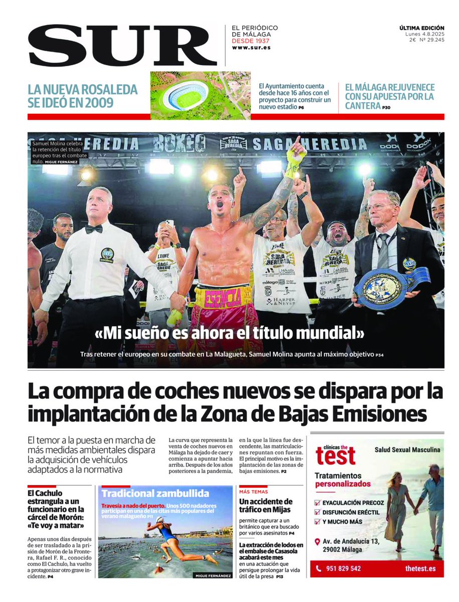 📰 Buenos días. Hoy, la #portadaSUR destaca que la compra de coches nuevos se dispara por la implantación de la Zona de Bajas Emisiones. También que Samuel Molina apunta al máximo objetivo tras retener el europeo portadas.diariosur.es/2025/08/04.htm…