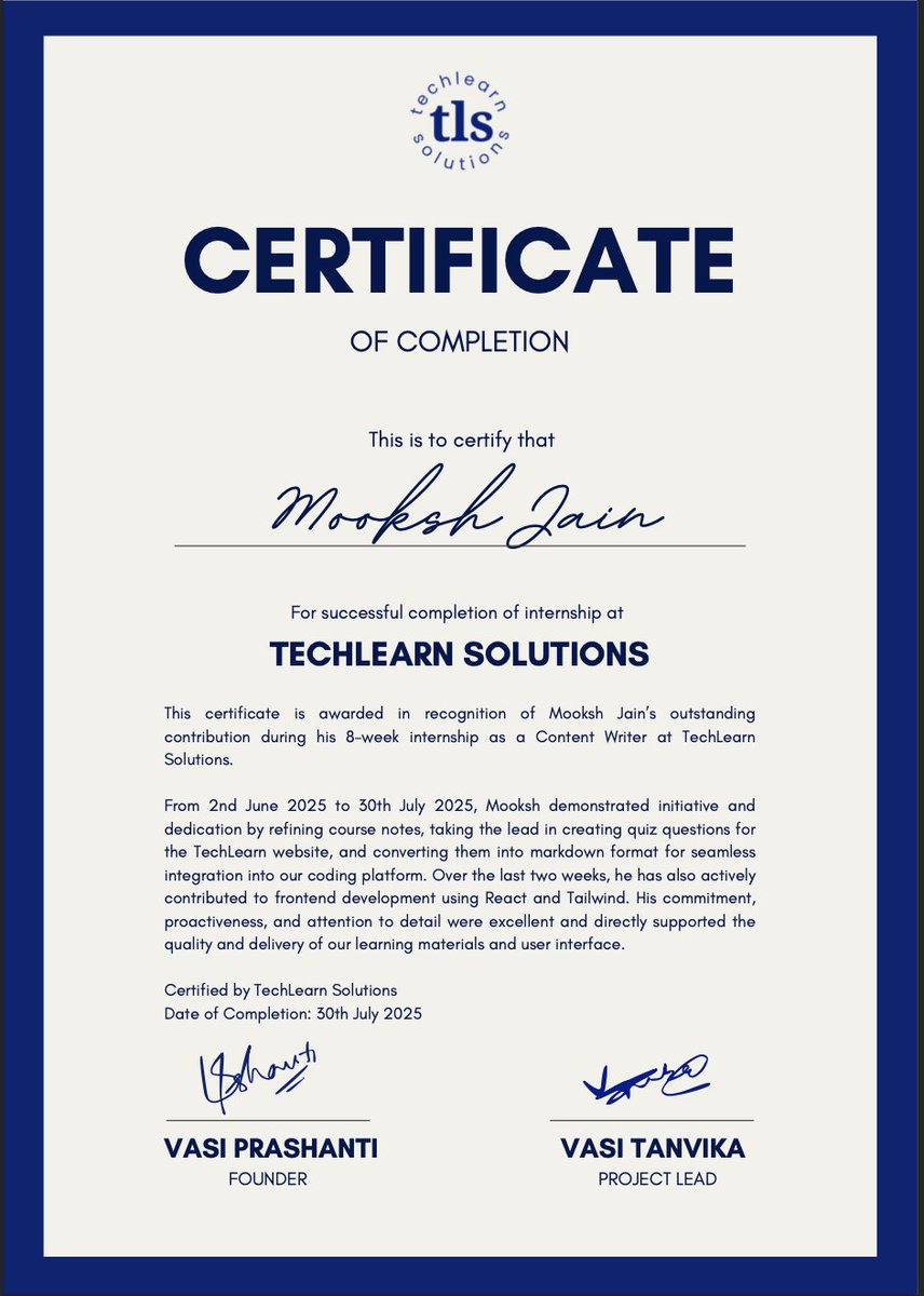 Maverickbitcode's tweet image. 🚀 Just wrapped up an incredible 8-week internship at TechLearn Solutions! Started as a Content Writer, and by the end, I was diving deep into frontend development working with React and Tailwind to build sleek interfaces and real learning experiences.