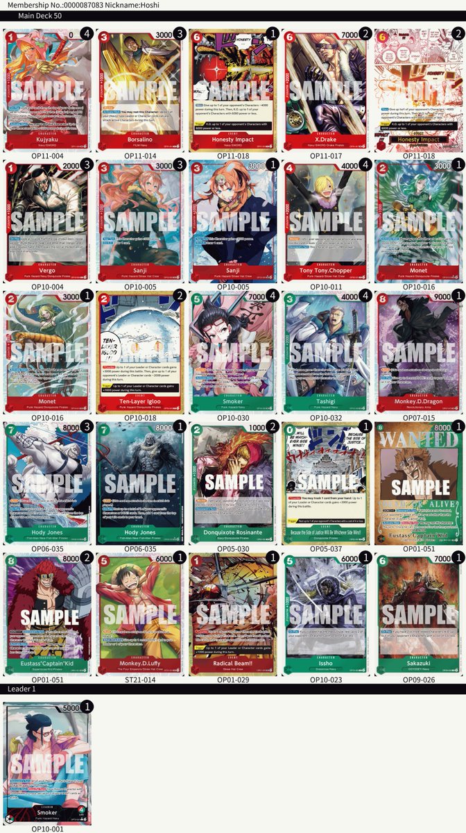 ONEPIECE_tcg_EN's tweet image. [EU OPCG Finals Season 1]
Hey One Piece Pirates!
Now we’ve crowned the EU Card Game Pirate King, we’re sure everyone is curious about the deck used in the intense battle.
1st Place: KevinL 
⇒Decklist ID: KNFs1TW0v8XecjP3
2nd Place: Angelo T 
⇒Decklist ID: MKiw7FL6kGDiB1qm
3rd…