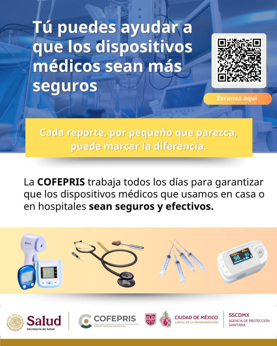 Si te apasiona la salud, debes saber que tú también puedes reportar fallos de #dispositivosmédicos.🌡️

Reporta estos incidentes adversos a través del Sistema de Notificación de Incidentes Adversos de Dispositivos Médicos de #COFEPRIS👉 bitly.cx/yKcss
 #Tecnovigilancia
