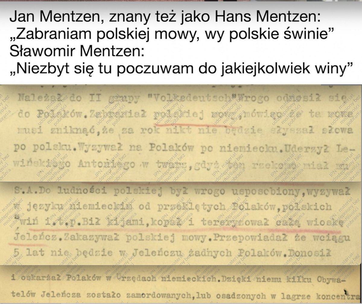 Pan <a href="/SlawomirMentzen/">Sławomir Mentzen</a> chce, żeby Niemcy wciąż pokutowali za winy swoich dziadków.
Jednak sam Mentzen nie chce pokutować za swojego dziadka Niemca, który tępił polską mowę, poniżał i katował Polaków, posłał kilka osób do obozu i do grobu.
Pewnie dlatego, że to stryjeczny dziadek.