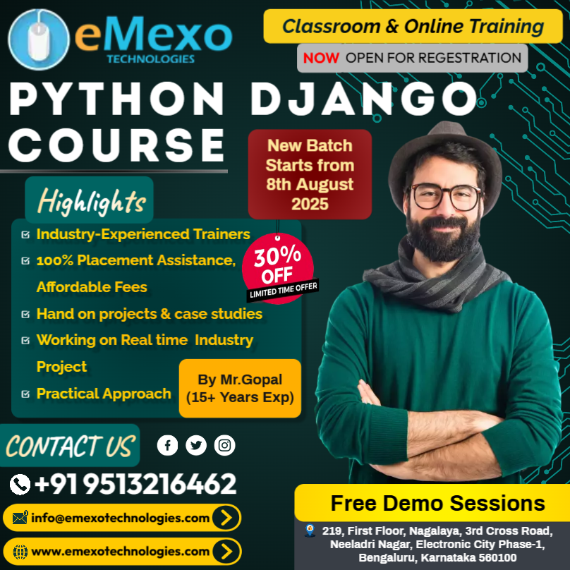 eMexoTechSEO's tweet image. Python Django Training in Electronic City, Bangalore🚀– eMexo Technologies!
📢Attention Future Python Developers! @everyone @highlight @followers
📞Call/WhatsApp: +91 9513216462
📧Email: info@emexotechnologies.com
🌐Course Details: emexotechnologies.com/courses/python…
📌#PythonDjangoTraining