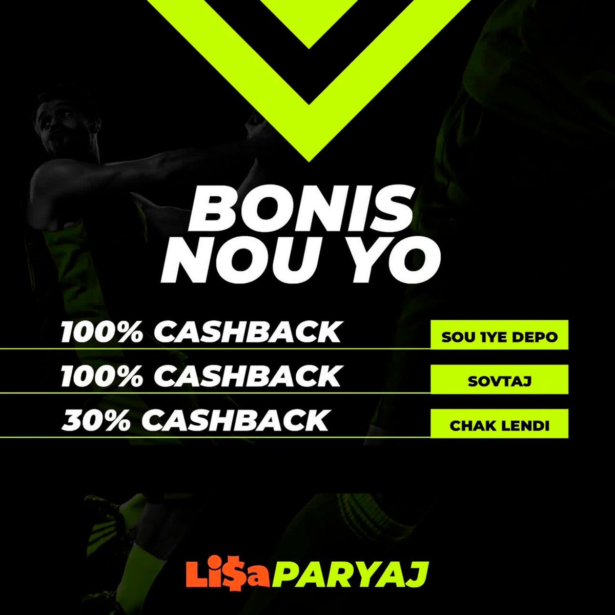 SE NOU KI BAY PLIS BONIS 🎁🏆
 
Se nan LISA PARYAJ pou fè fich ou. W ap jwenn tout espò ou renmen yo, w ap ka parye sou tout evènman ou vle yo, e met sou li, nou ofri w pli avantaj.
 
Monte kounya sou lisaparyaj.com pou kapab kreye kont ou epi kòmanse parye.