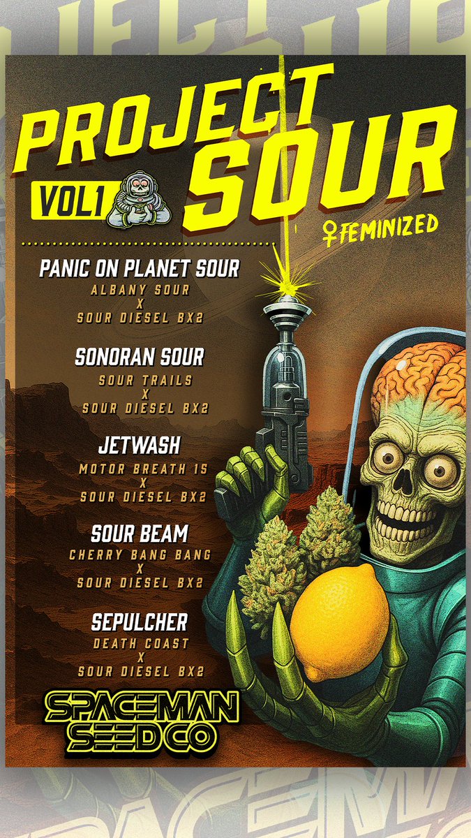 🚨 Project Sour Vol. 1 is LIVE 🚨
10 feminized seeds per pack — $50 each.
Now available at spacemanseedco.com 🌌
Sour-heavy hitters bred for gas, funk, and flavor.
For pics &amp; previews, follow me on IG: @spaceman_seedco
Don’t sleep.