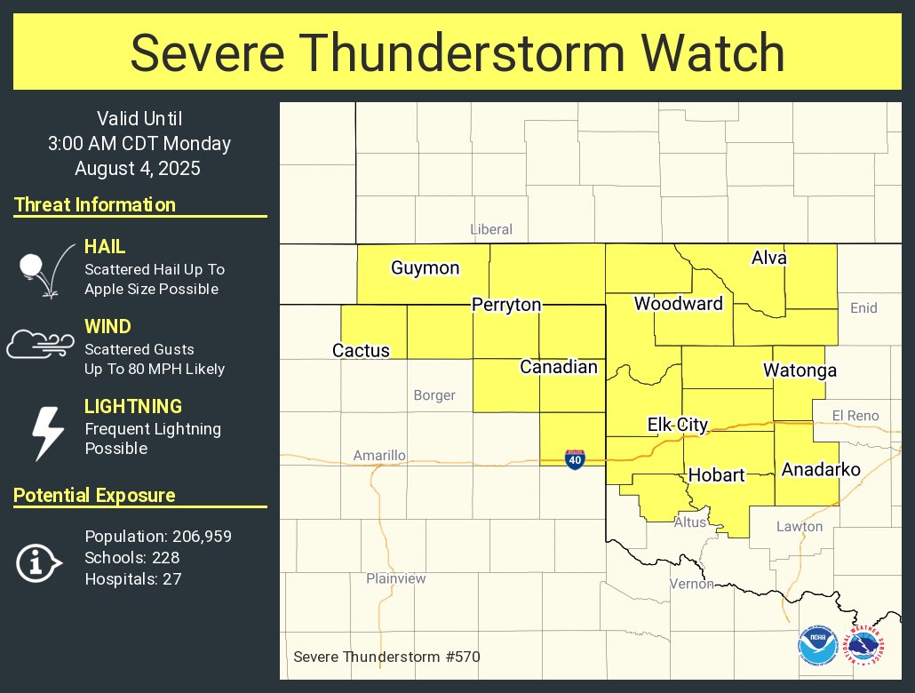 A severe thunderstorm watch has been issued for parts of Oklahoma and Texas until 3 AM CDT