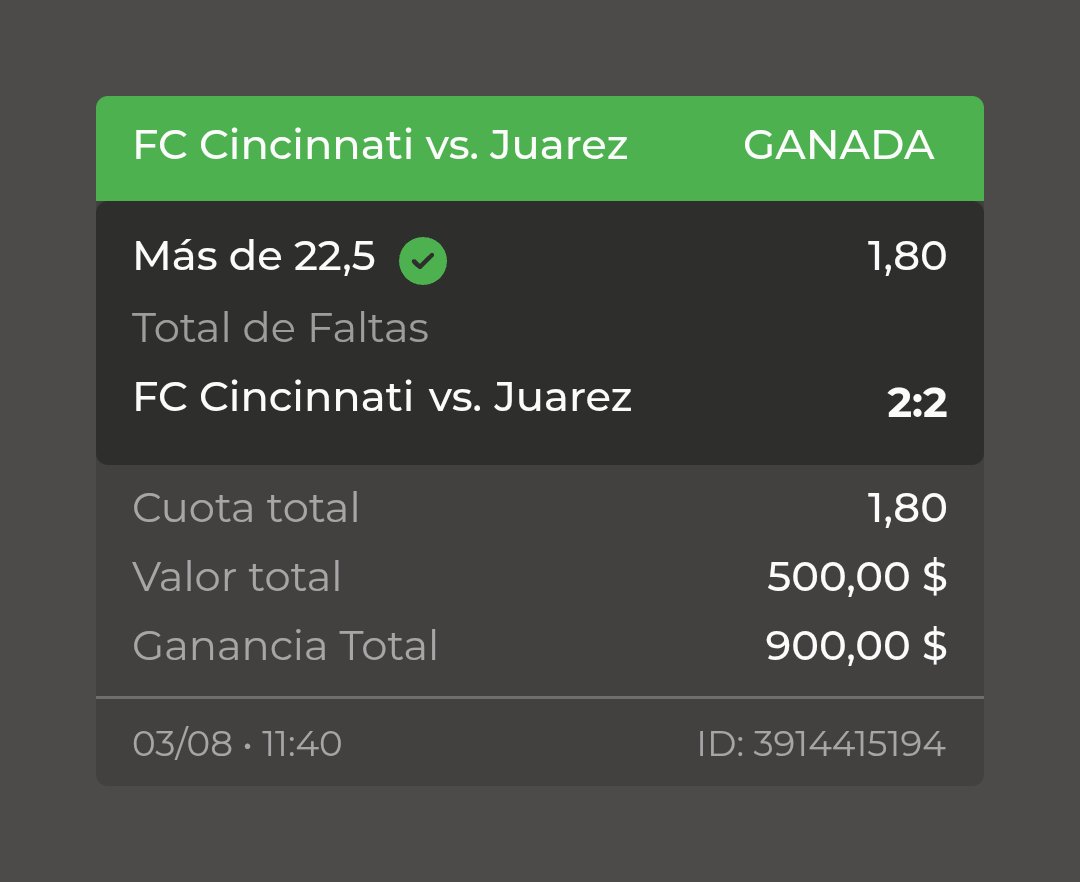 MIKLO APP (@mikloapp) on Twitter photo 💵 ¡Otro VERDE para la colección!
🔥 FC Cincinnati vs. Juárez
✅ Se cumplieron las Más de 22.5 faltas
🧠 ¡Lectura fina del partido y se cobra!
💰¡Así se gana con <a href="/Micasinocom/">MiCasino.com | Apuestas deportivas</a>!
👉 Únete tú también: micasino.com/?pc=MIKLO
🎁 Te duplicamos tu primer depósito
Apuesta en Fútbol ⚽, 💵 ¡Otro VERDE para la colección!
🔥 FC Cincinnati vs. Juárez
✅ Se cumplieron las Más de 22.5 faltas
🧠 ¡Lectura fina del partido y se cobra!
💰¡Así se gana con <a href="/Micasinocom/">MiCasino.com | Apuestas deportivas</a>!
👉 Únete tú también: micasino.com/?pc=MIKLO
🎁 Te duplicamos tu primer depósito
Apuesta en Fútbol ⚽,