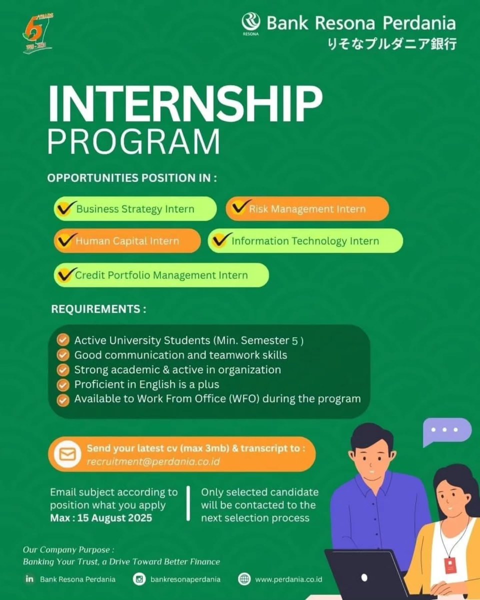 Tertarik merasakan pengalaman kerja nyata di industri Perbankan?

Yuk, bergabung dalam Internship Program Bank Resona Perdania! Program ini terbuka bagi seluruh mahasiswa aktif yang ingin mengembangkan pengetahuan dan keterampilan profesional.

Kami membuka kesempatan magang