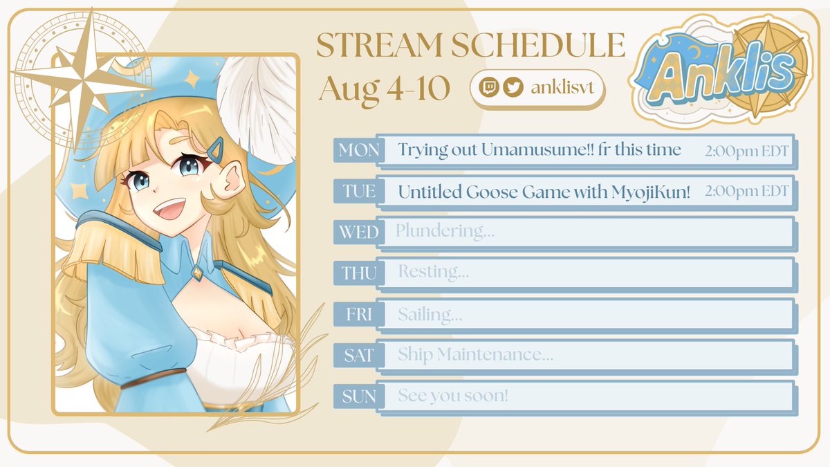 AnklisVT's tweet image. 💫✧･Stream Schedule [Aug 3-10] ･✧💫

☁️#ARTklis
🩵 #AnkClips

Ok I'm back sry about that guys- oh ok time for another break i guess.

I'm away on a work trip next week but I promise there will be exciting things when we get back! Let's have a fun couple streams before then :)