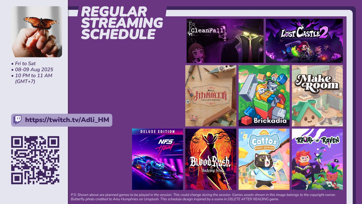 Hello!

Around 10 PM (GMT+7), at twitch.tv/Adli_HM, I'm gonna stream:

Need for Speed: Heat (<a href="/NeedforSpeed/">Need for Speed</a>), The Lilliput Workshop (<a href="/CottonStudio/">Cotton Game🎮| Dad's Monster House 2 is OUT NOW!</a>), CleanFall (<a href="/cleanfallgame/">CleanFall ✨Out NOW on Steam✨</a>), Lost Castle 2 (<a href="/LostCastle2Game/">Lost Castle 2 🏰- AVAILABLE NOW on Steam EA</a>), #CattosPostOffice (<a href="/TheCultGames/">CULT Games 🔜 Loop//Error</a>), ...

*can change
-Tweet 1/2