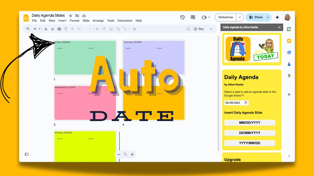 alicekeeler's tweet photo. Instead of writing your objectives on the board... 

Use Google Slides! 

Daily Agenda Slides automatically adds a new slide to the TOP every day (with the date) so you can add your agenda. 

Install for free: https://t.co/PvQ1gdDmzp 

Collects NO DATA! 

#TeacherTech #GoogleEDU #GoogleWorkspace