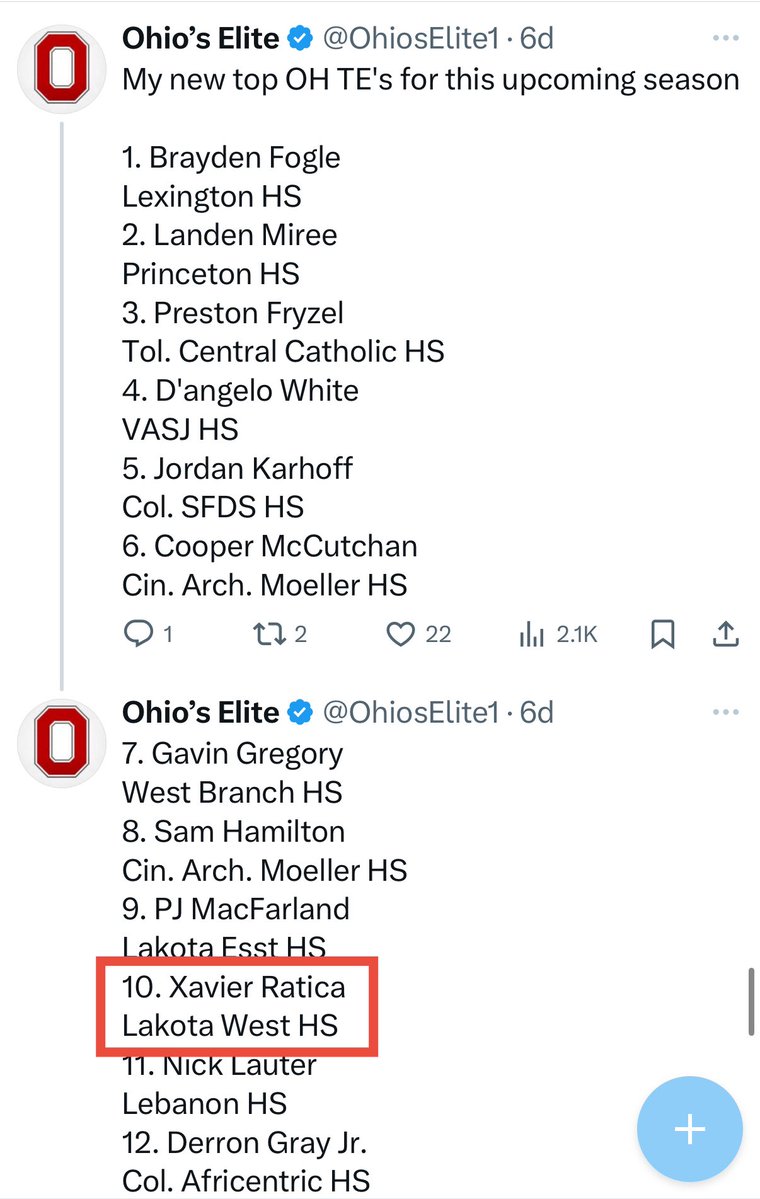 Xavier Ratica (@xavierratica) on Twitter photo Thank you <a href="/OhiosElite1/">Ohio’s Elite</a> for ranking me as the #10 Tight End (TE) in Ohio / #3 Tight End (TE) in the c/o 2027 🏈 Thank you <a href="/OhiosElite1/">Ohio’s Elite</a> for ranking me as the #10 Tight End (TE) in Ohio / #3 Tight End (TE) in the c/o 2027 🏈