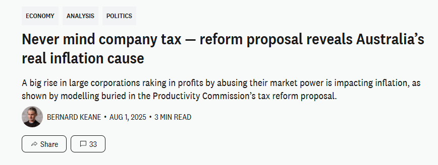 Greg Jericho (@grogsgamut) on Twitter photo Back in 2023, quite a few self-aggrandising economist types, desperate to get attention from the AFR plus the RBA & Treasury tried to tell <a href="/TheAusInstitute/">Australia Institute</a> that our work showing rising excess profits were causing inflation was wrong.
Last week, the Productivity Commission ... Back in 2023, quite a few self-aggrandising economist types, desperate to get attention from the AFR plus the RBA & Treasury tried to tell <a href="/TheAusInstitute/">Australia Institute</a> that our work showing rising excess profits were causing inflation was wrong.
Last week, the Productivity Commission ...