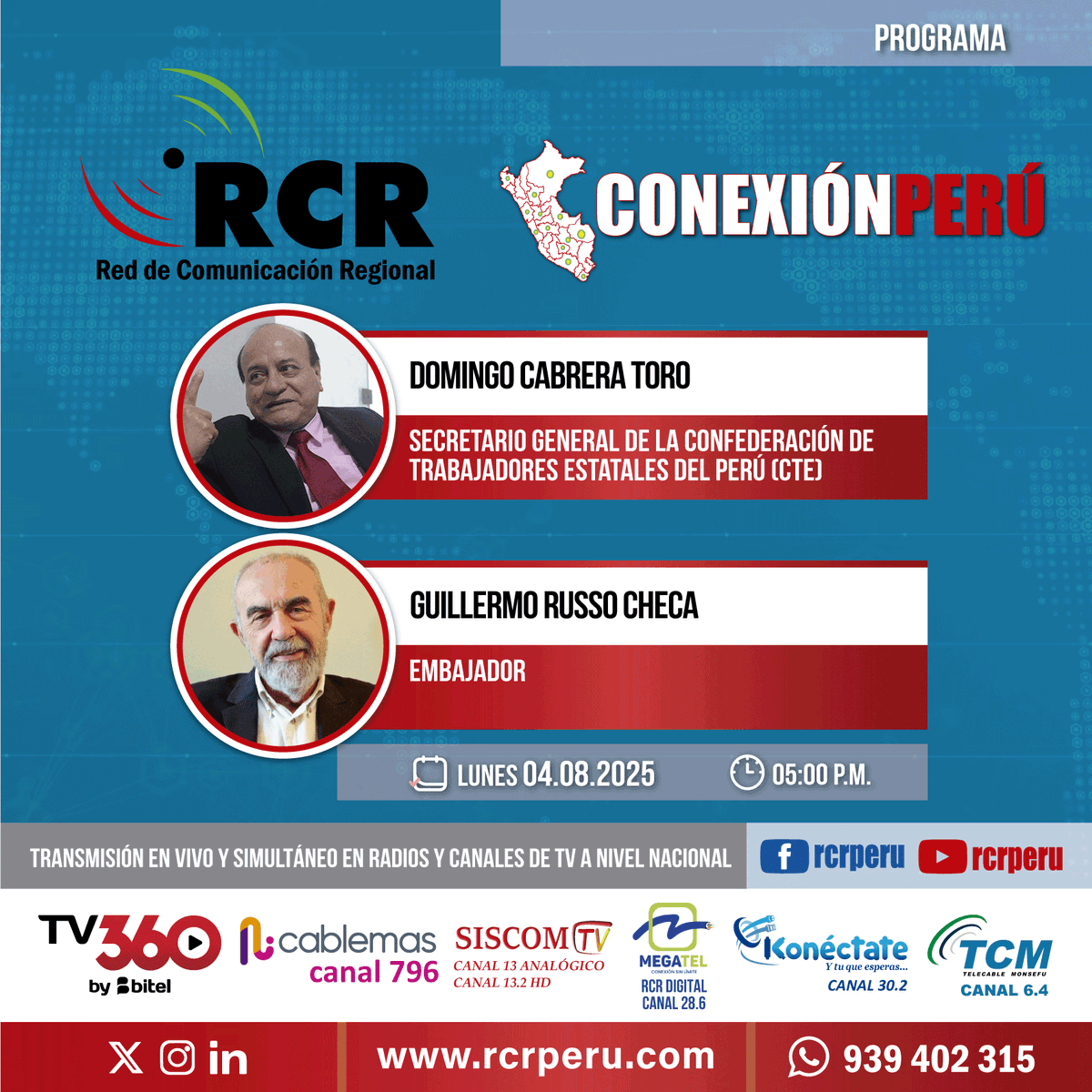 🟢🔴 Noticias, entrevistas, enlaces en vivo y más en Conexión Perú.

🕘 Lunes a Viernes a las 05:00 p.m.
📺 TV canal 796 HD Cablemas.
▶️ bit.ly/2kP2xS1

RCR la red que comunica y une al Perú.
