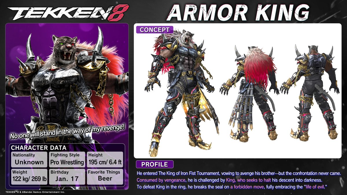 Who's the real king in the ring? 👑
Armor King's back in #TEKKEN8!

Setting image and character data is revealed!