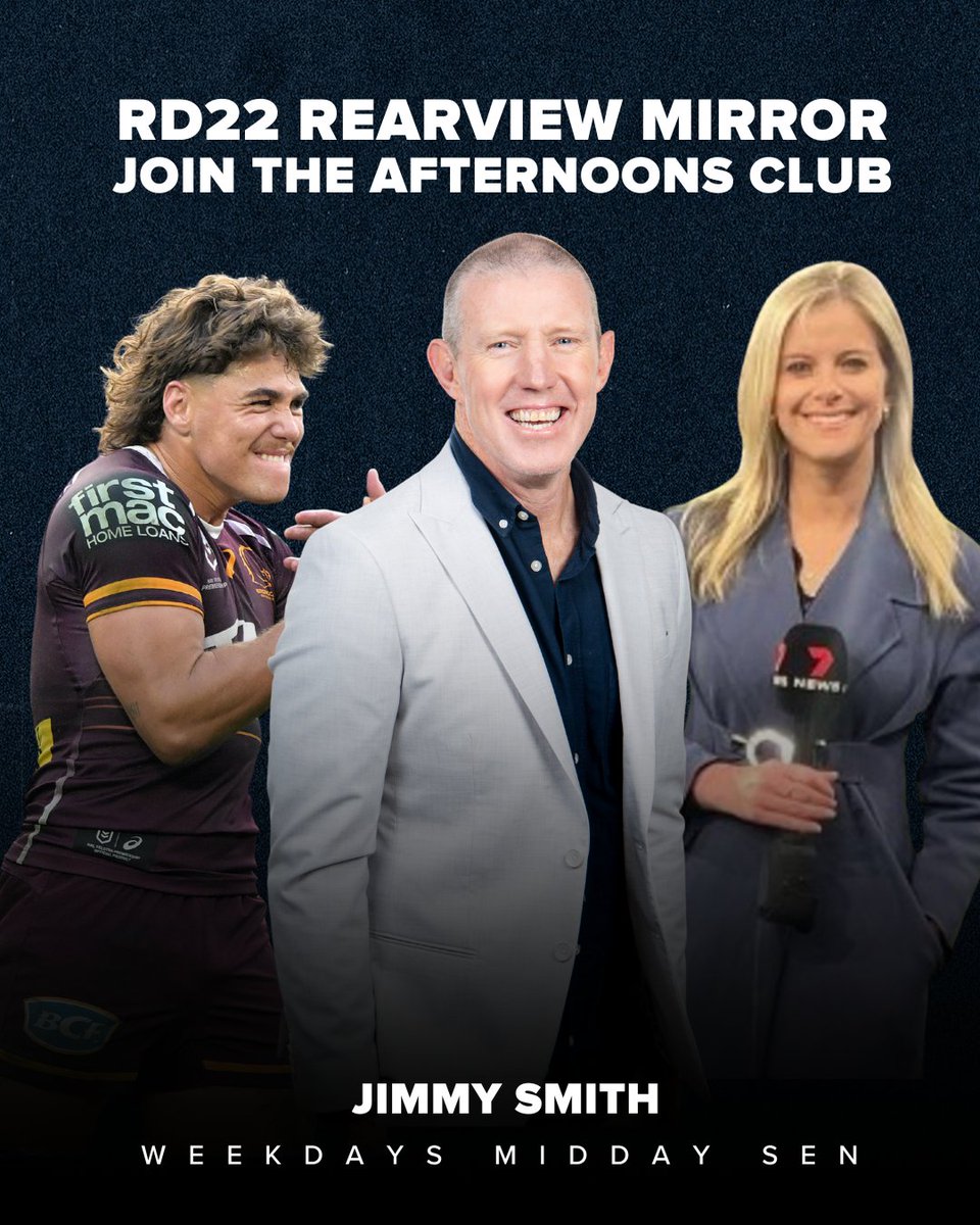 Jimmy Smith Show (@jimmysmithsen) on Twitter photo JOIN THE AFTERNOONS CLUB
Round 22 Rearview Mirror after a wet and wild weekend of footy.
Your calls from Midday - 1300 01 1170
Plus
<a href="/7Sport/">7Sport</a>'s Jelisa Apps
<a href="/fifthnlast/">Fifth and Last NRL Podcast</a>'s Lewis Shepperd
<a href="/MikeMeehallWood/">Mike Meehall Wood</a> on Super League Expansion
LIVE from Midday π bit.ly/3IK3nar JOIN THE AFTERNOONS CLUB
Round 22 Rearview Mirror after a wet and wild weekend of footy.
Your calls from Midday - 1300 01 1170
Plus
<a href="/7Sport/">7Sport</a>'s Jelisa Apps
<a href="/fifthnlast/">Fifth and Last NRL Podcast</a>'s Lewis Shepperd
<a href="/MikeMeehallWood/">Mike Meehall Wood</a> on Super League Expansion
LIVE from Midday π bit.ly/3IK3nar