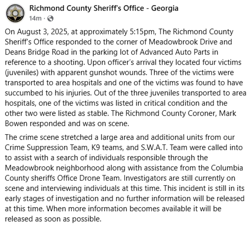 BREAKING: 4 juveniles shot, 1 fatally, at auto parts store in Richmond County, Ga. - Sheriff