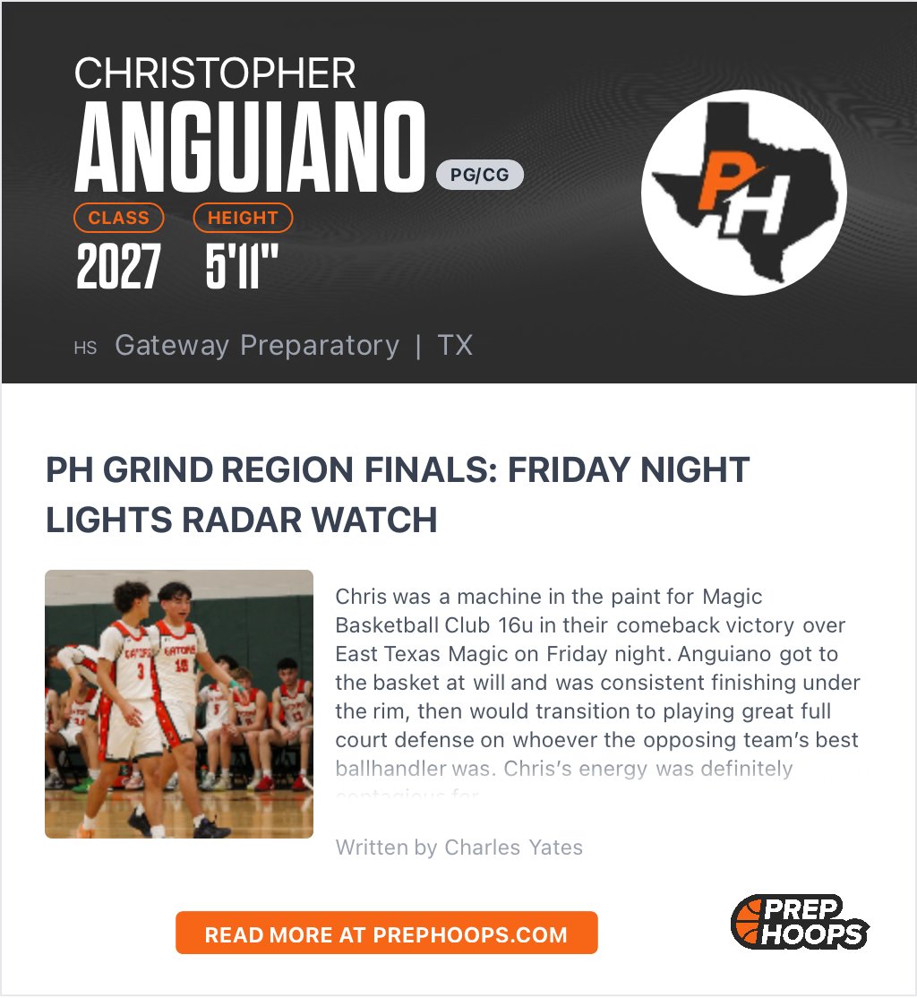 Magic Basketball Club (@magic_prospects) on Twitter photo All season <a href="/Chris__anguiano/">Chris Anguiano</a> embodied all the intangibles every team needs in a Team Captain. He is a menace on both side of the ball.
64% FG
Leading Rebounder
2nd in Assists
+199
<a href="/PrepHoops/">Prep Hoops π</a> <a href="/PrepHoopsTX/">Prep Hoops Texas</a> All season <a href="/Chris__anguiano/">Chris Anguiano</a> embodied all the intangibles every team needs in a Team Captain. He is a menace on both side of the ball.
64% FG
Leading Rebounder
2nd in Assists
+199
<a href="/PrepHoops/">Prep Hoops π</a> <a href="/PrepHoopsTX/">Prep Hoops Texas</a>