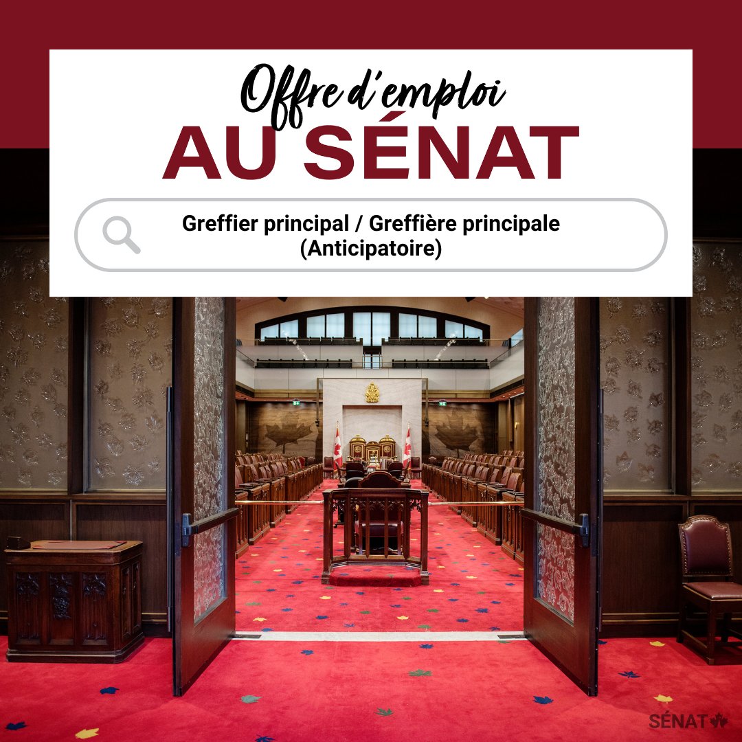Joignez-vous au Sénat en tant que Greffier principal / Greffière principale (Anticipatoire).

Postulez avant le 1 septembre : ow.ly/KMPw50Wzb1w

#SenCA