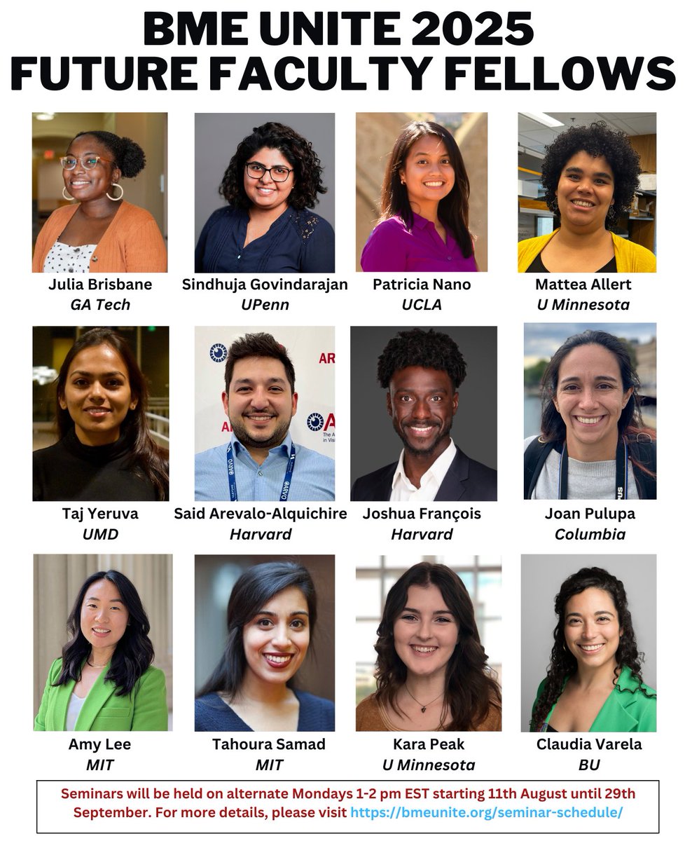 We are excited to announce our 2025 cohort of BME UNITE Future Faculty Fellows! The BME UNITE seminar series is designed to showcase future faculty candidates from diverse and underrepresented backgrounds in BME. Register here: tinyurl.com/bmeunite25