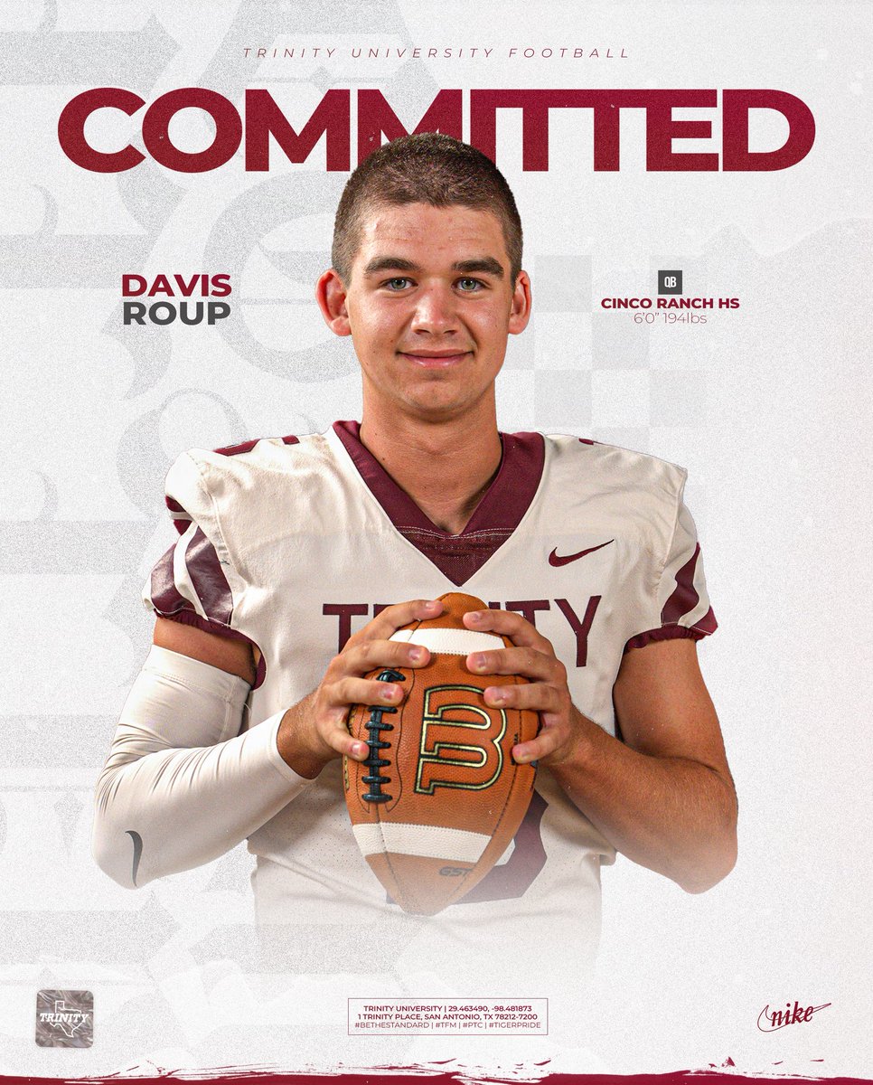 Davis Roup (@davisroup) on Twitter photo After lots of prayer and reflection, I’m excited to announce my commitment to Trinity University! I’m grateful for everyone who has supported me throughout this journey, and I can’t wait to continue my academic and athletic career as a Tiger!
<a href="/TUFootballTX/">Trinity University Football</a> <a href="/JerhemeUrban83/">Jerheme Urban</a> After lots of prayer and reflection, I’m excited to announce my commitment to Trinity University! I’m grateful for everyone who has supported me throughout this journey, and I can’t wait to continue my academic and athletic career as a Tiger!
<a href="/TUFootballTX/">Trinity University Football</a> <a href="/JerhemeUrban83/">Jerheme Urban</a>