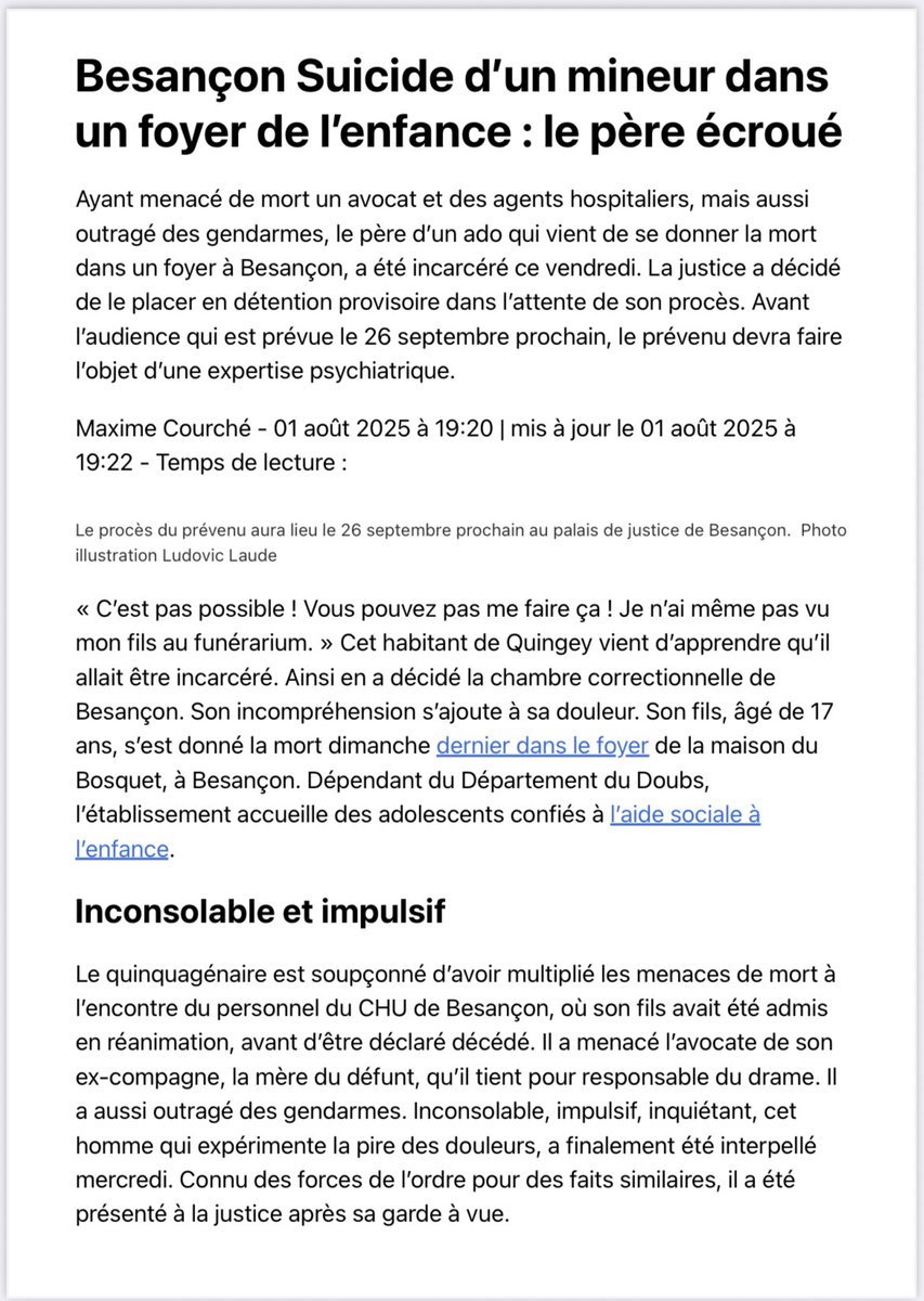 Moussia13's tweet photo. ♦️ Quand les placements deviennent des armes : l’ASE comme outil de #torture psychologique ♦️Un adolescent s’est suicidé dans un foyer de l’ASE à Besançon. Son père, effondré et révolté, a été écroué. La torture institutionnalisée à son comble.

👉 Son enfant se suicide dans une institution censée le protéger.
👉 Le parent, dévasté par cette perte, est présenté comme dangereux.
👉 La responsabilité de l’institution est rendue invisible.

Ce drame n’est pas un cas isolé. Il révèle un mécanisme de torture institutionnalisée :
Le parent protecteur qui s’oppose au placement, qui alerte, résiste ou dénonce, est accusé de semer le « trouble », de manquer de « collaboration ». On l’écarte de la vie de son enfant en représailles.
L’enfant souffre, parfois jusqu’au suicide, de cette rupture brutale avec son environnement d’attachement.
Encore une fois, ceux qui ont délibérément mis l’enfant en danger par la torture psychologique se dédouanent en criminalisant le parent protecteur.
#justice #ASE

Cette logique d’inversion accusatoire est au cœur de nombreux placements abusifs :
L’ASE et certains magistrats inversent la charge de la preuve.
Les parents protecteurs « non collaborants » sont disqualifiés.
La douleur des enfants est retournée comme argument contre ce parent.

Ce n’est plus de la protection.
C’est un business doublé d’une torture institutionnelle.

#ASE #ViolencesInstitutionnelles #InversionAccusatoire #ParentsProtecteurs #Suicide
